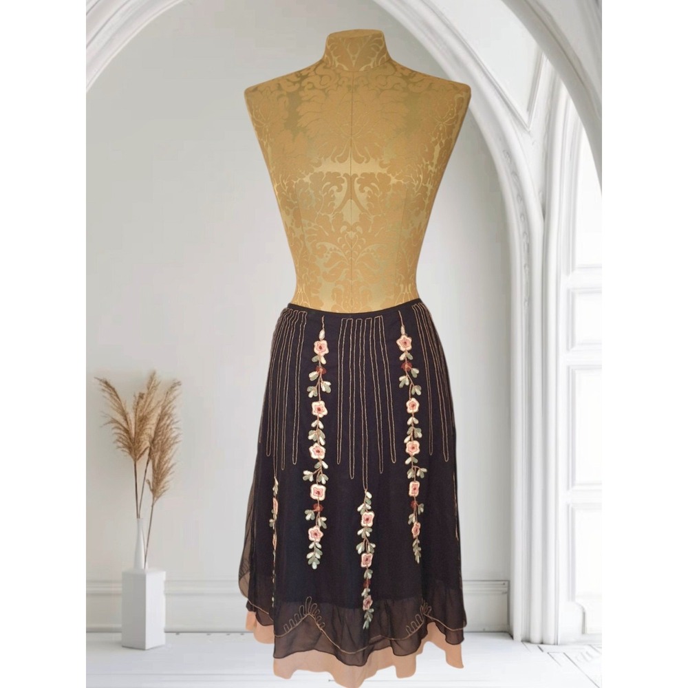 Y2K 90s Glam Grunge Vintage Snak Floral Embroidered Chiffon Midi Skirt Size 10